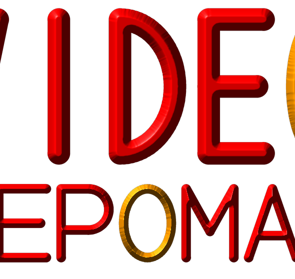 VideoRepomat-Logo: VIDEO REPOMAT in roten 3D-Buchstaben, beide O orange