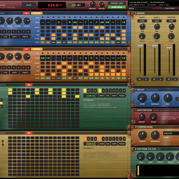 x0x – Acid-Rack mit zwei 303-Bässen, DRUM 08, DRUM 09, Mixer und Effekten im 19-Zoll-Rack