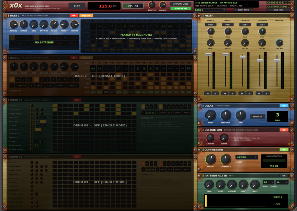 x0x im Single Mode: nur BASS 1 aktiv, gespielt von MIDI-Noten aus der DAW